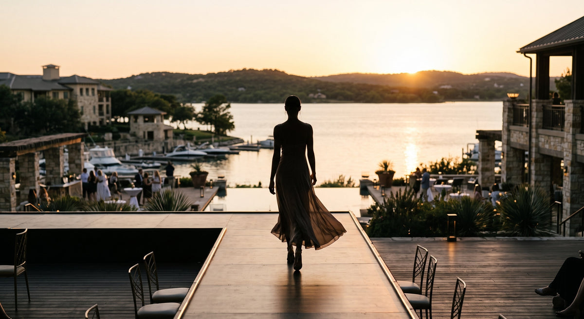A model walking an outdoor runway at sunset, overlooking the marina and Hill Country at Horseshoe Bay