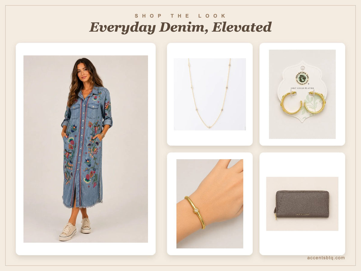 Accents Everyday Denim Elevated shop the look: John Mark embroidered denim button-front dress with a gold link necklace, gold hoop earrings, gold baguette bracelet, and brown leather wallet
