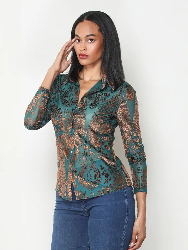 Teal & Brown Burnout Knit Velvet Button Front Shirt
