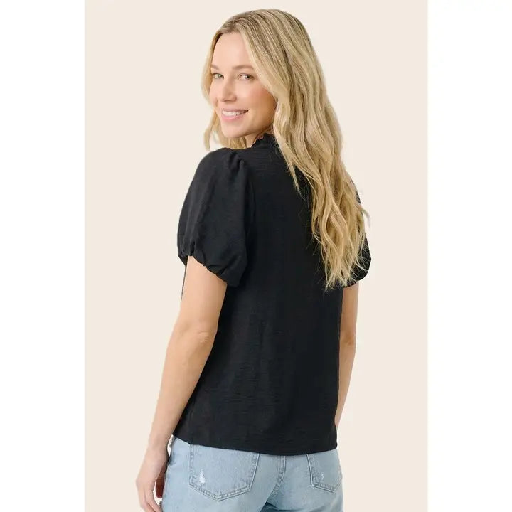 Black Frilled Neck Bubble Sleeve Solid Top