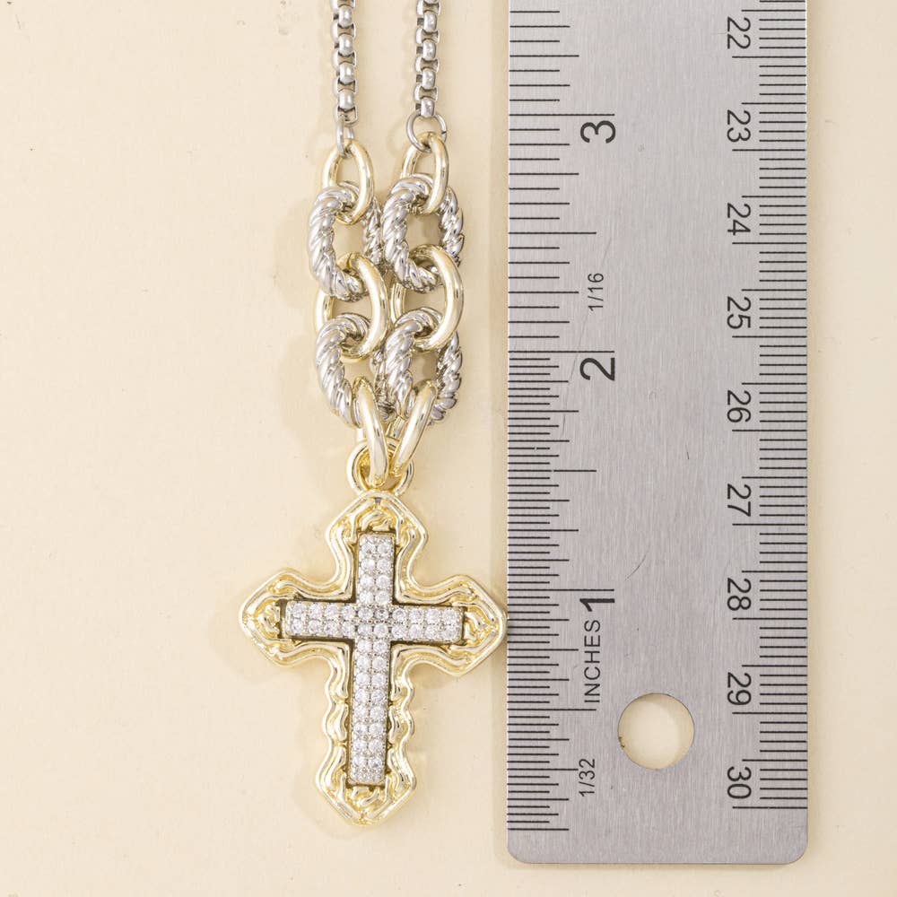 Two Tone Cross Pendant Necklace With Cz Pave