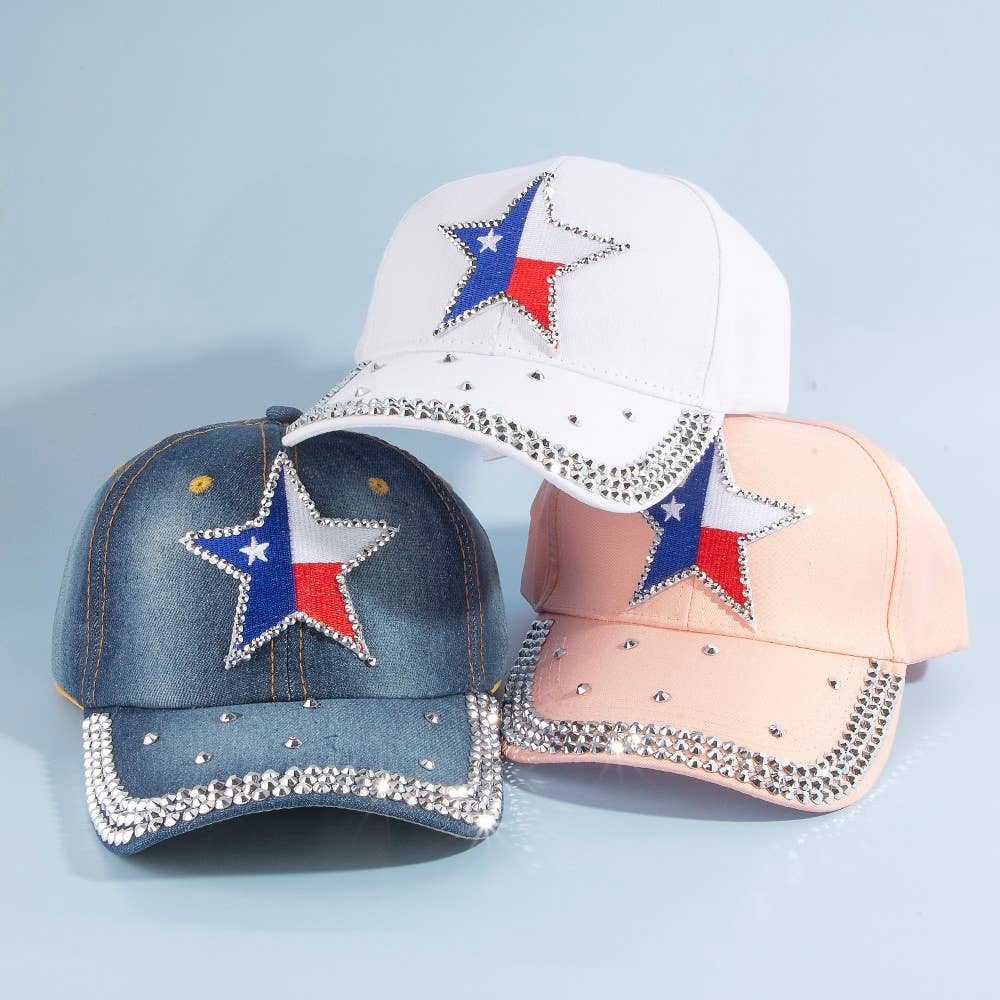 Texas Star Rhinestone Patch Baseball Cap With Crystal Brim