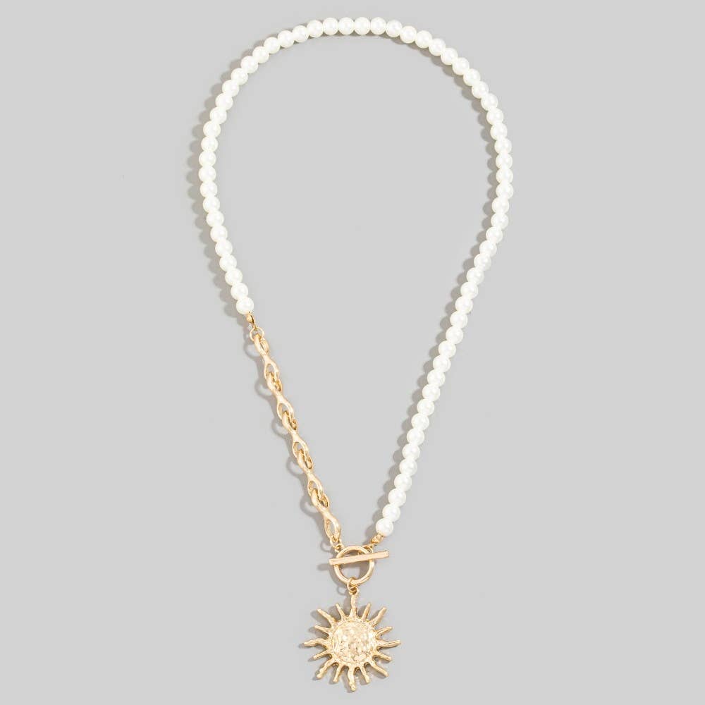 Sun Pendant Pearl And Chain Toggle Necklace