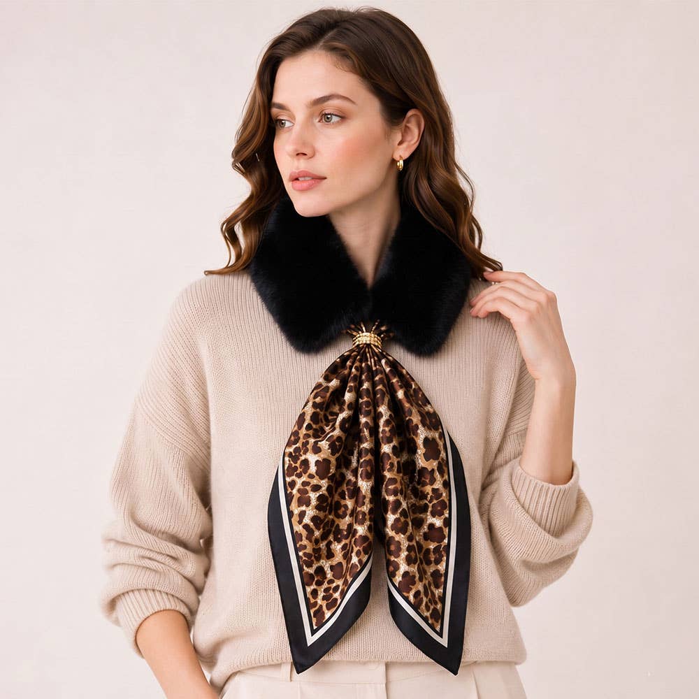 Plush Faux Fur Collar Leopard Print Tie Winter Scarf