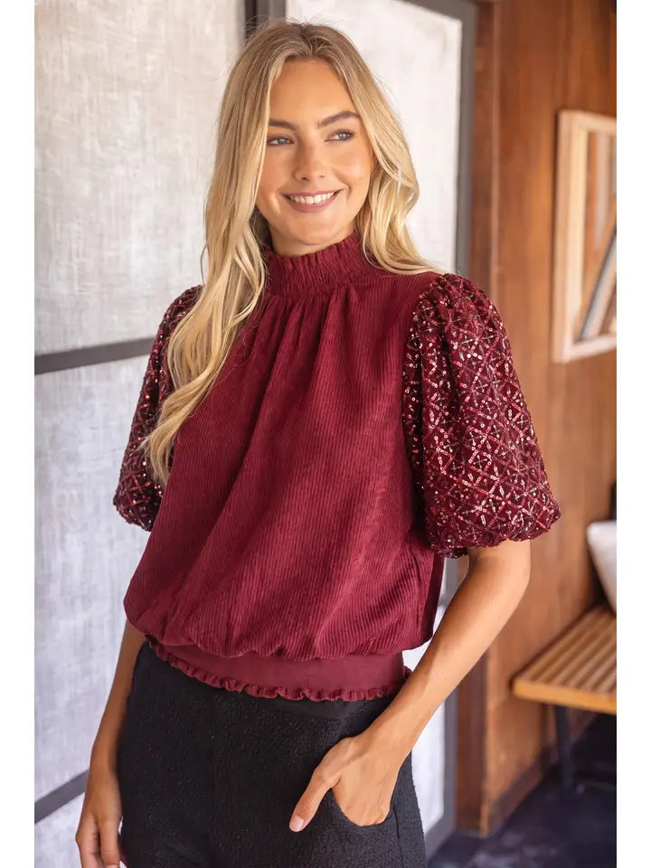 Burgundy Smocked Neck Sequins Bubble Sleeve Top
