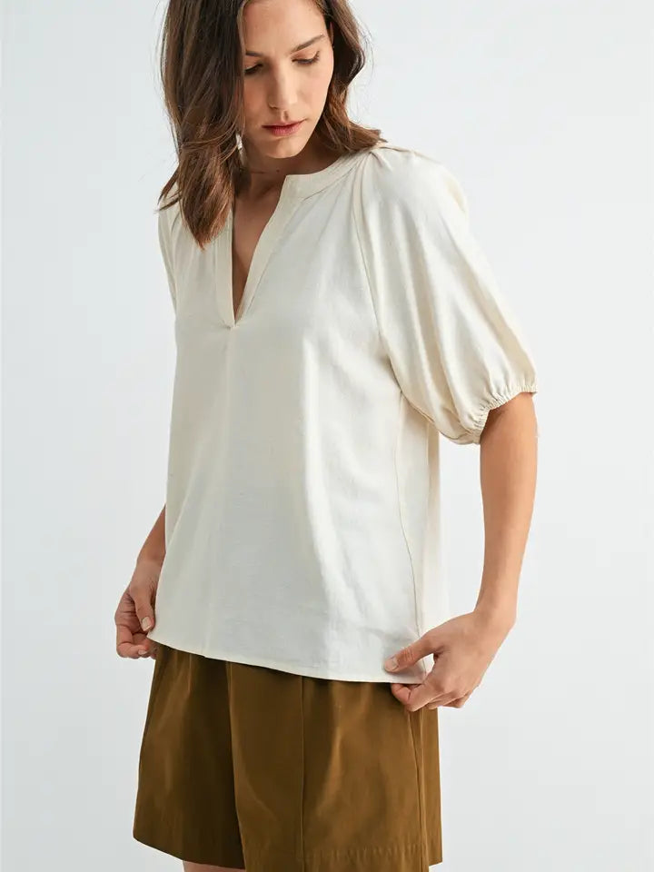 Linen Blend Pleated Raglan Sleeve Top