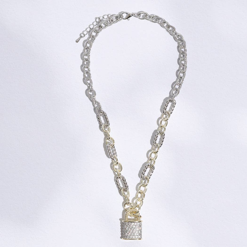 Linked Solid and Twisted Chain CZ Lock Necklace