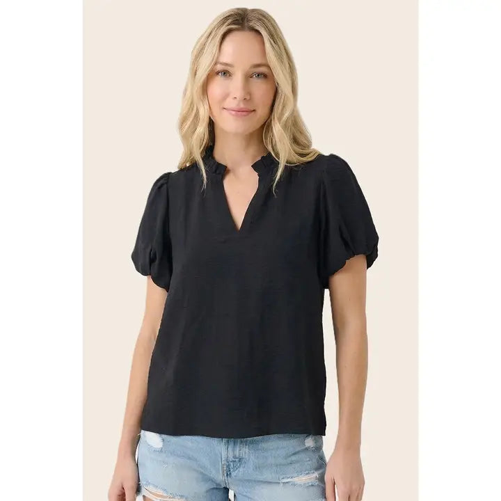 Black Frilled Neck Bubble Sleeve Solid Top