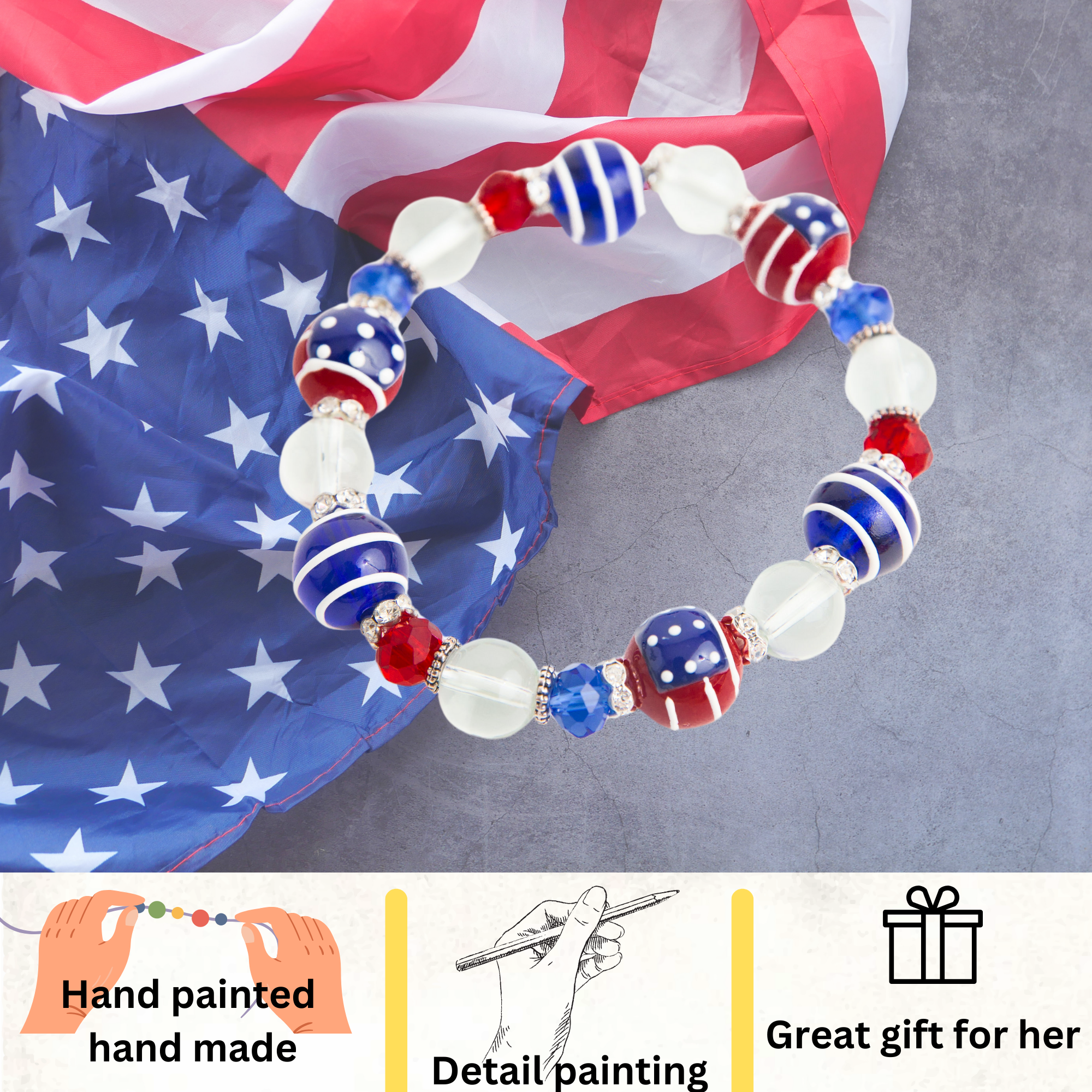 American Flag Patriotic Bracelet, 4th of July Gift for Women