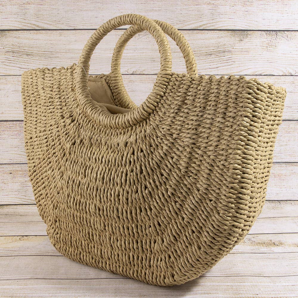 Woven Paper Straw Tote Bag With Ring Handles