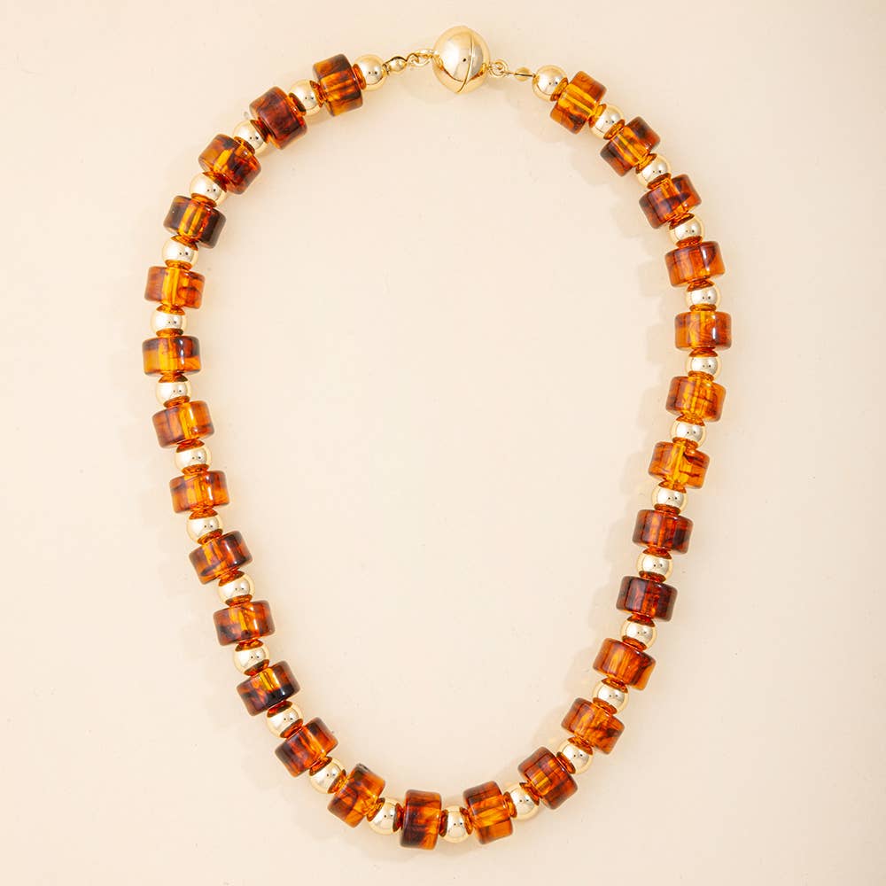 Tortoise & Gold Barrel Bead And Ball Bead Collar Necklace