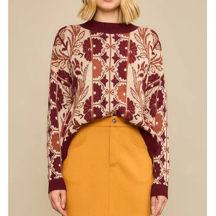 Wine Floral Tapestry Motif Knit Sweater
