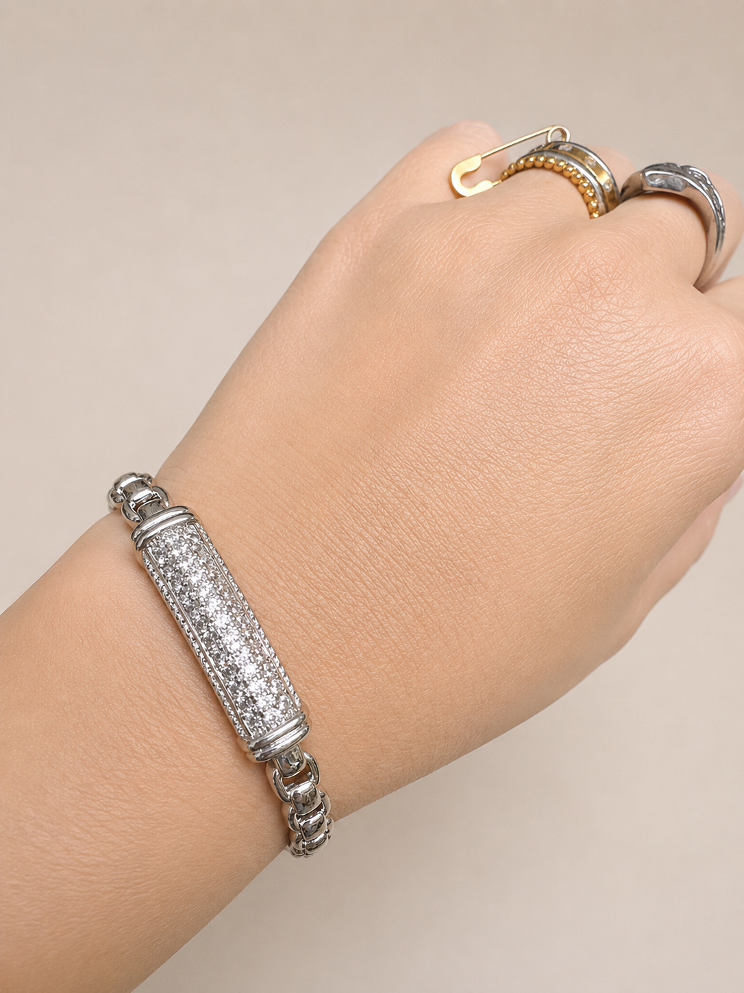 Silver Pave Link Magnetic Bangle Bracelet
