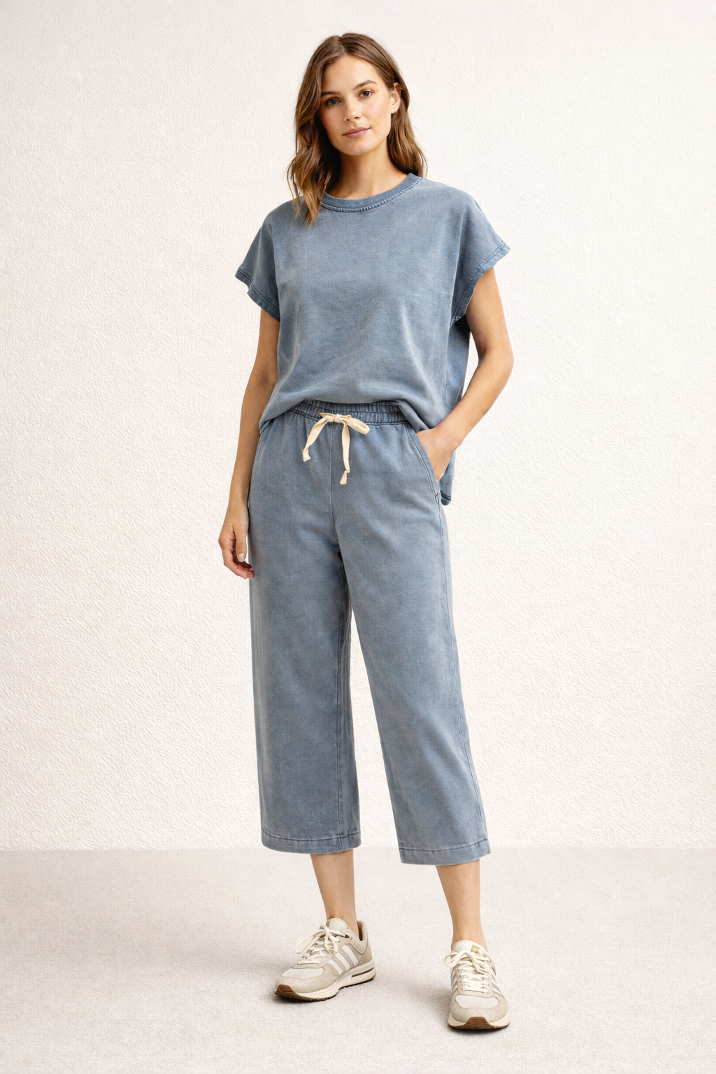 Denim Blue Dolman Top with Drawstring Pants Set