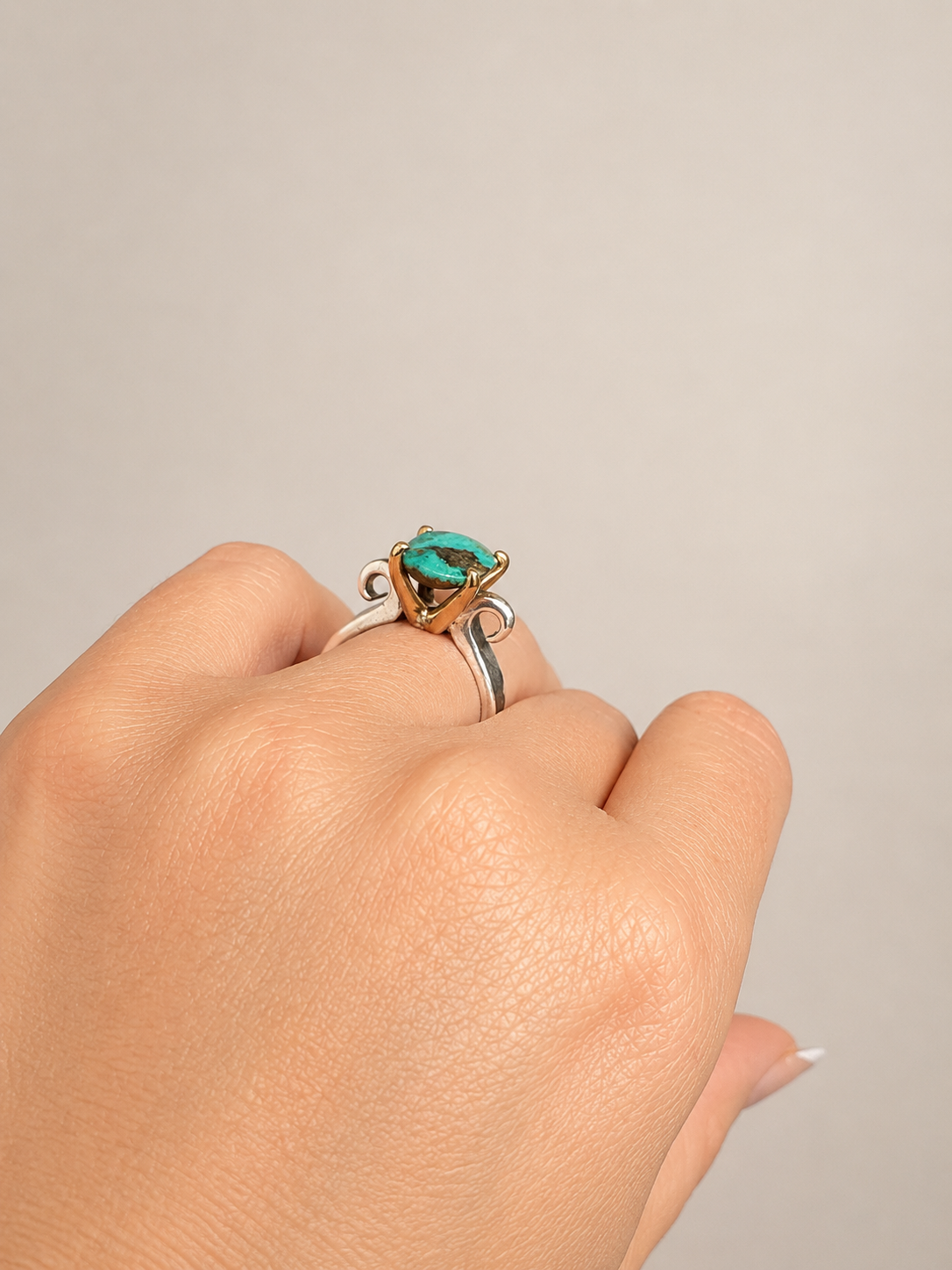 Oxidized Silver & Bronze High Set Turquoise Ring -Size 8