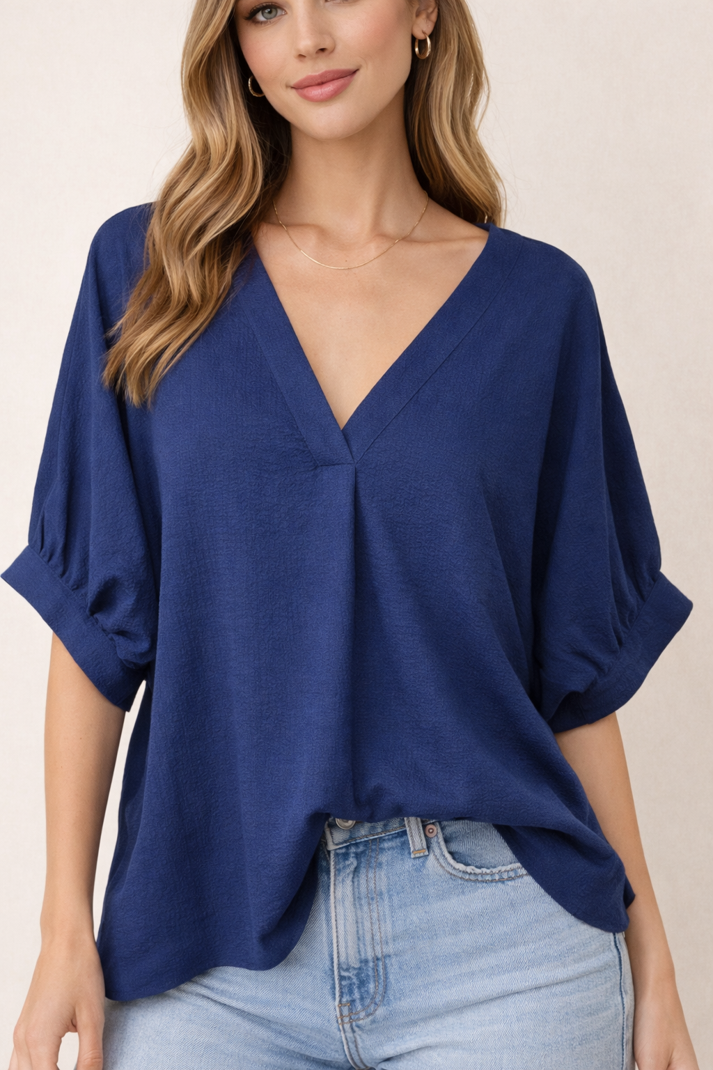 Navy Vneck Puff Sleeve Top
