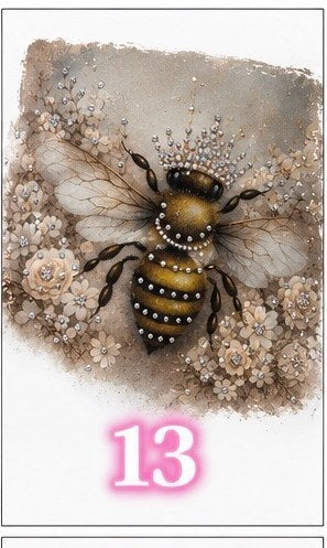 Bling tee design #13 — jeweled bee with rhinestone wings among cream flowers