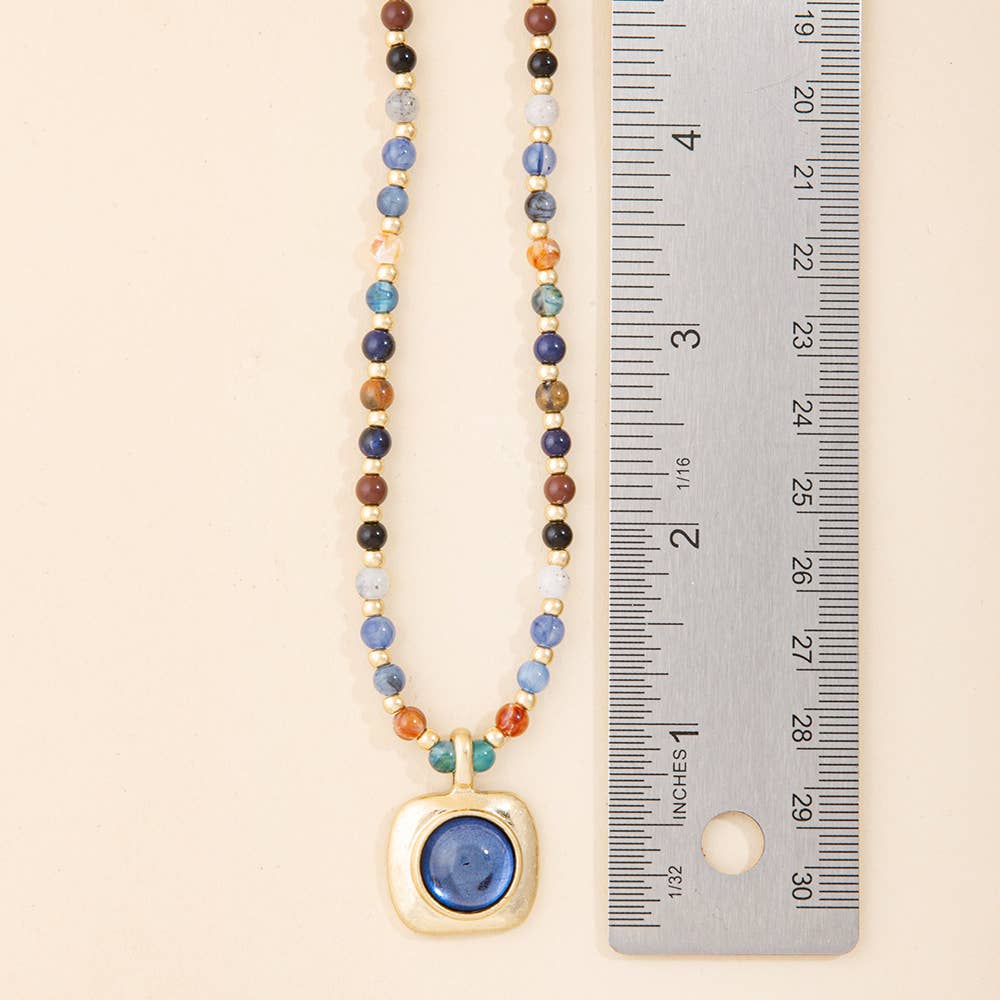 Mixed Stone Bead Necklace With Square Framed Pendant