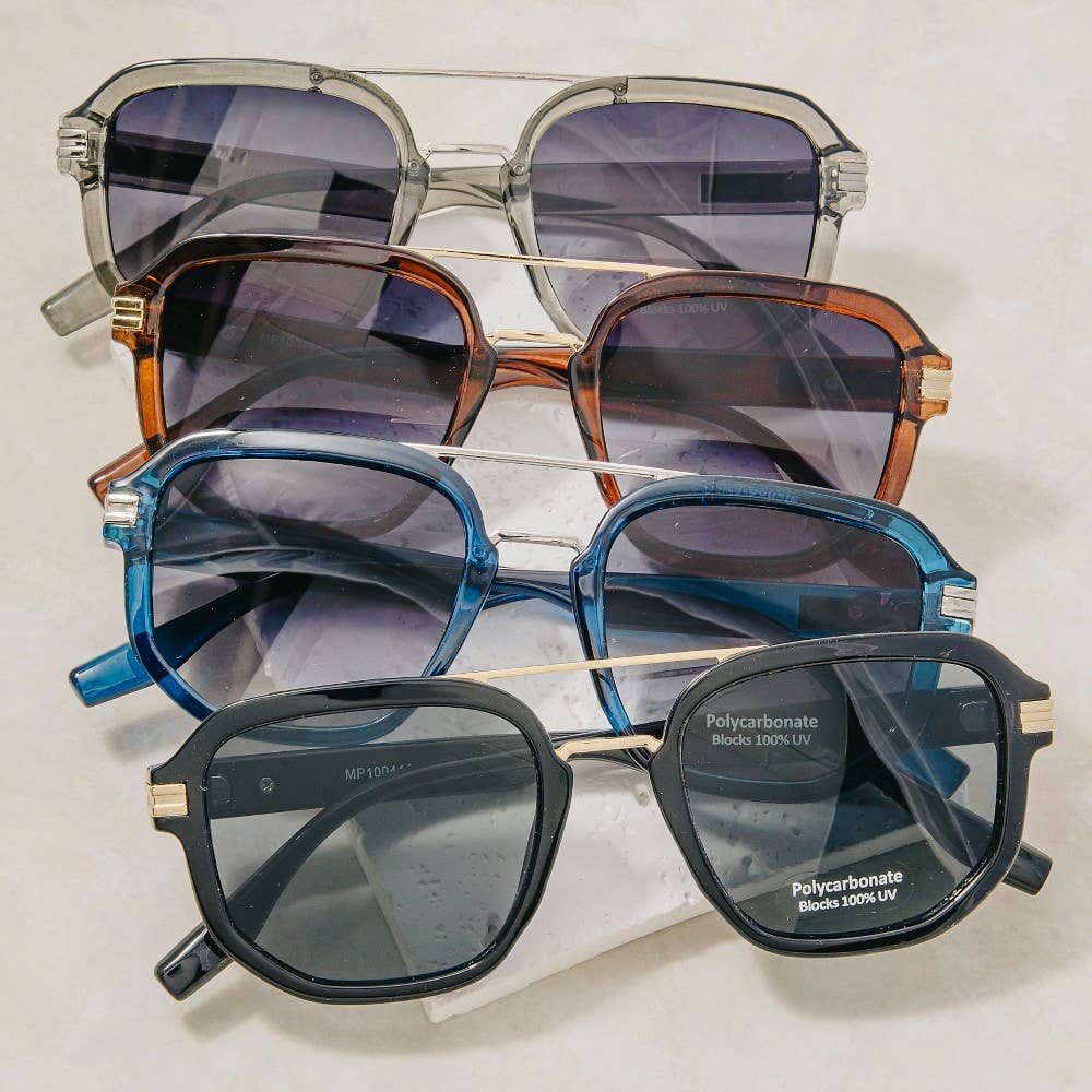 Square Double Bridge Round Metal Accent Sunglasses