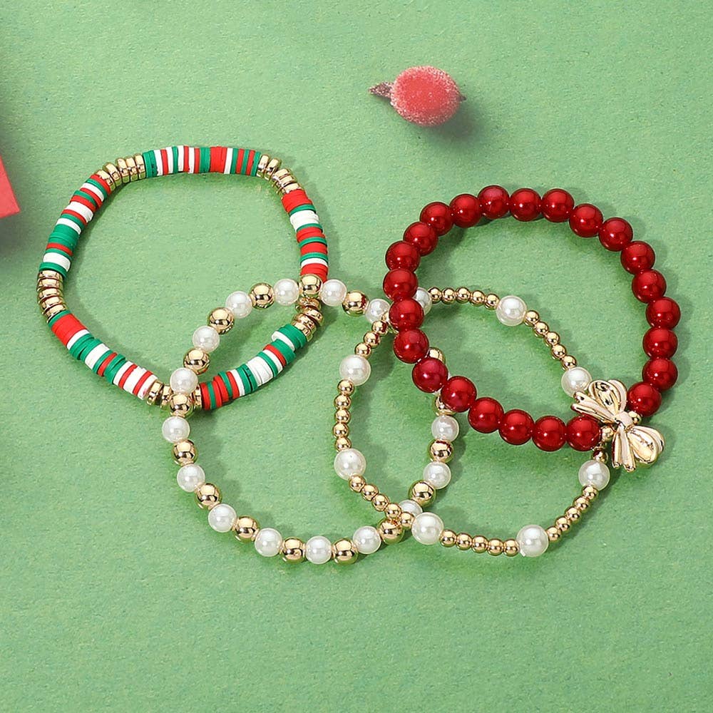 4PCS - Christmas Bow Pearl Heishi Beaded Stretch Multi Layered Bracelets