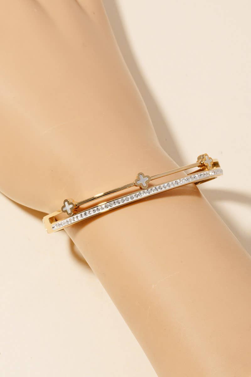 Stainless Steel Triple Clover And Pave Row Hinge Bangle Bracelet