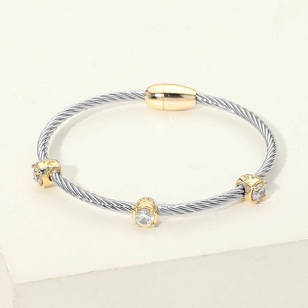 14K Gold Plated Triple CZ Bezel Accent Twisted Cable Magnetic Bangle Bracelet