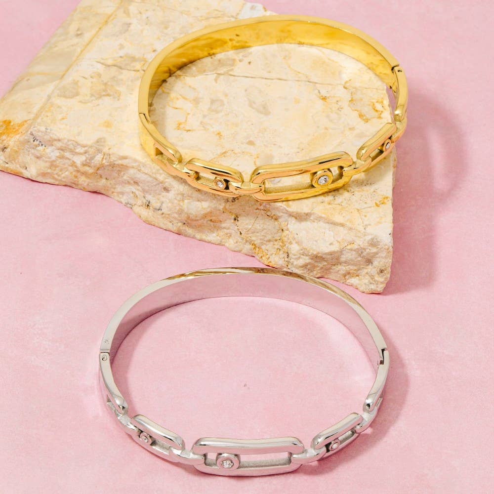 Stainless Steel Chain Link Crystal Accent Hinged Bangle