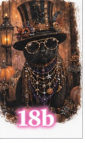 Bling tee design #18b — black cat in a striped top hat and jeweled glasses with lanterns and pumpkins