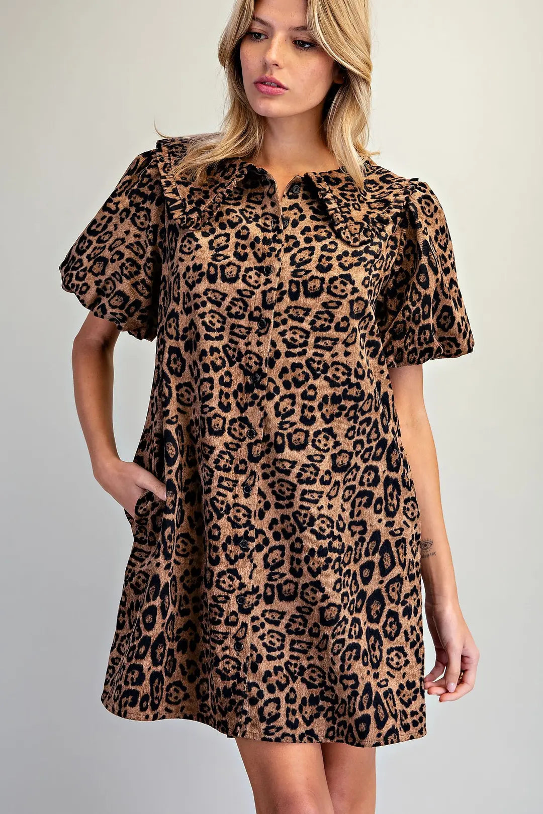 Leopard Ruffle Collar Puff Sleeve Dress