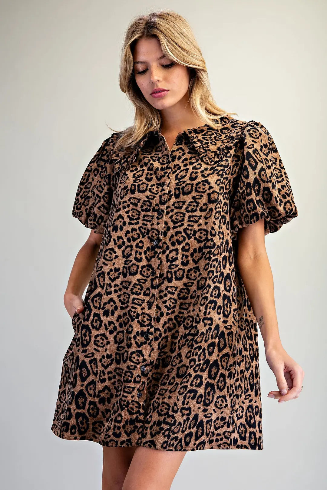 Leopard Ruffle Collar Puff Sleeve Dress