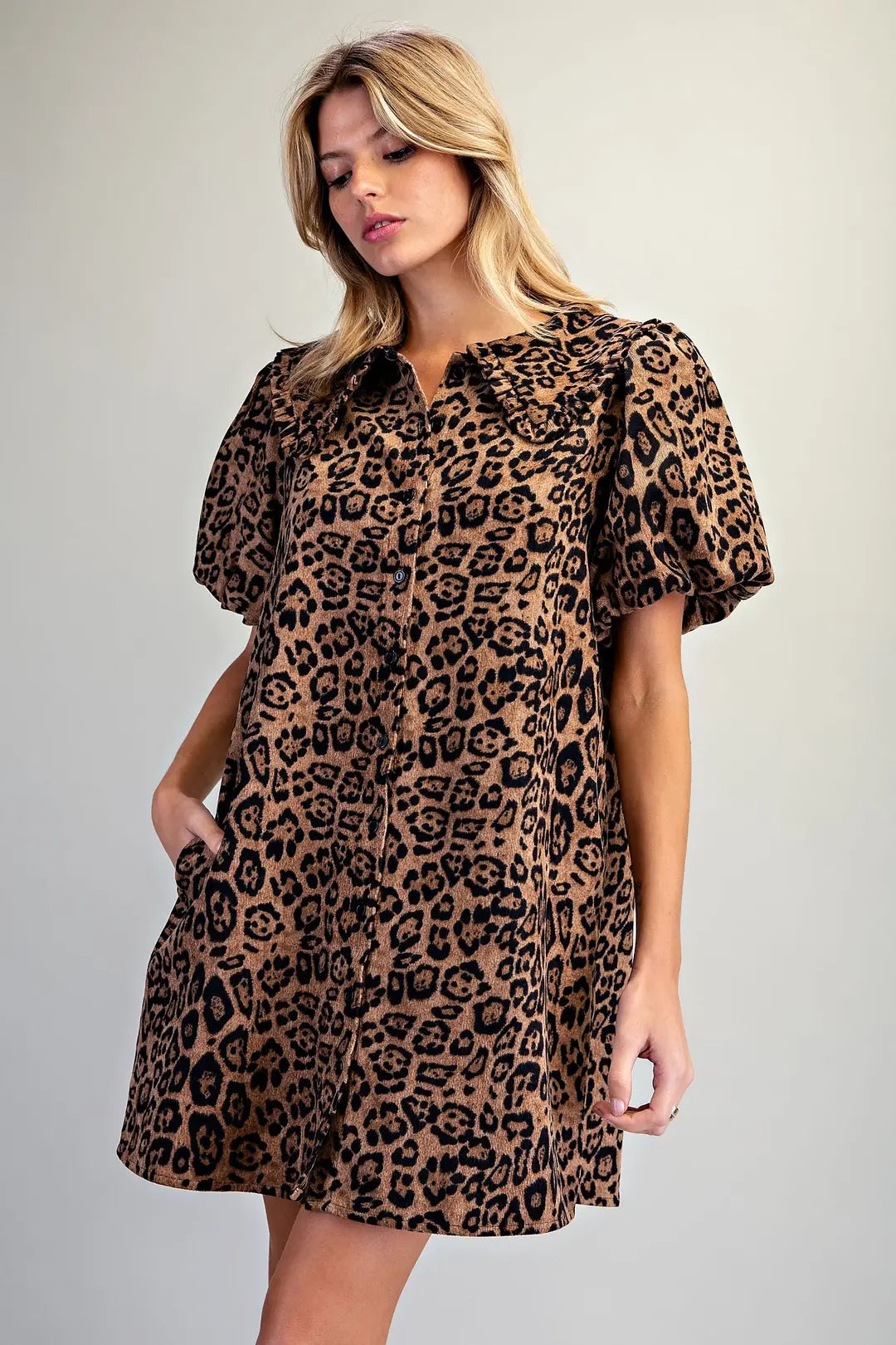 Leopard Ruffle Collar Puff Sleeve Dress