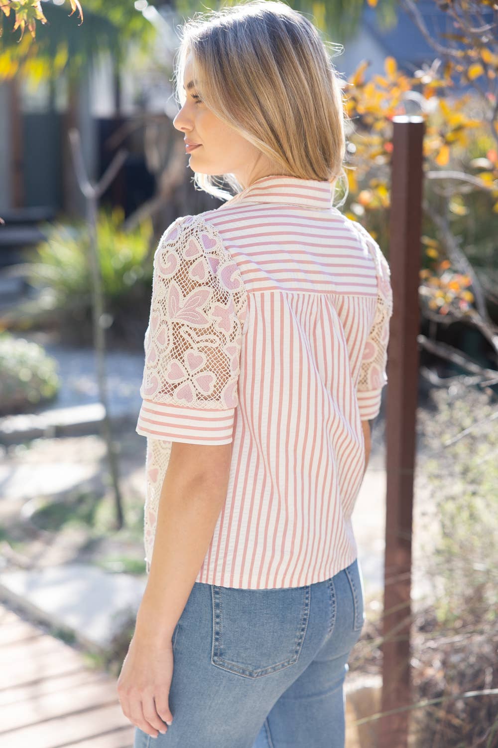 Mauve Collared V-Neck Stripe and Lace Mixed Fabric Top