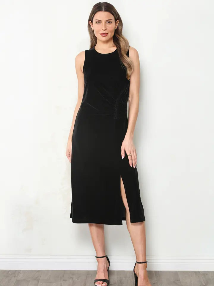 Black Velvet Side-Cinch Midi Dress
