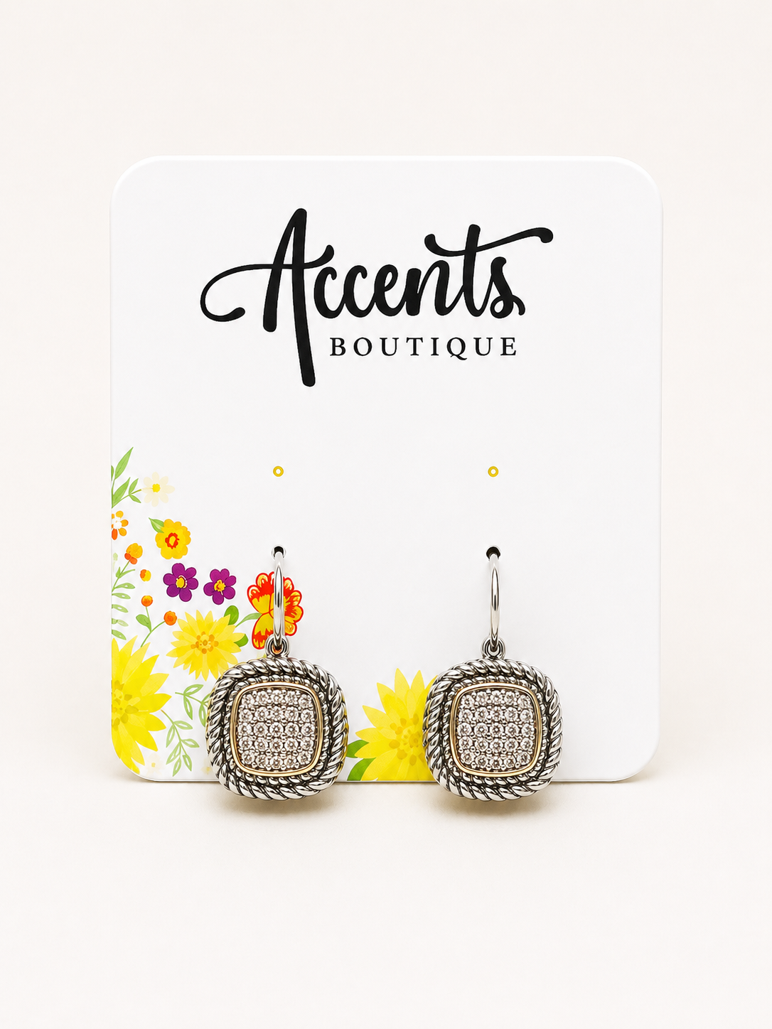 Two Tone Square Pave Cable Earrings