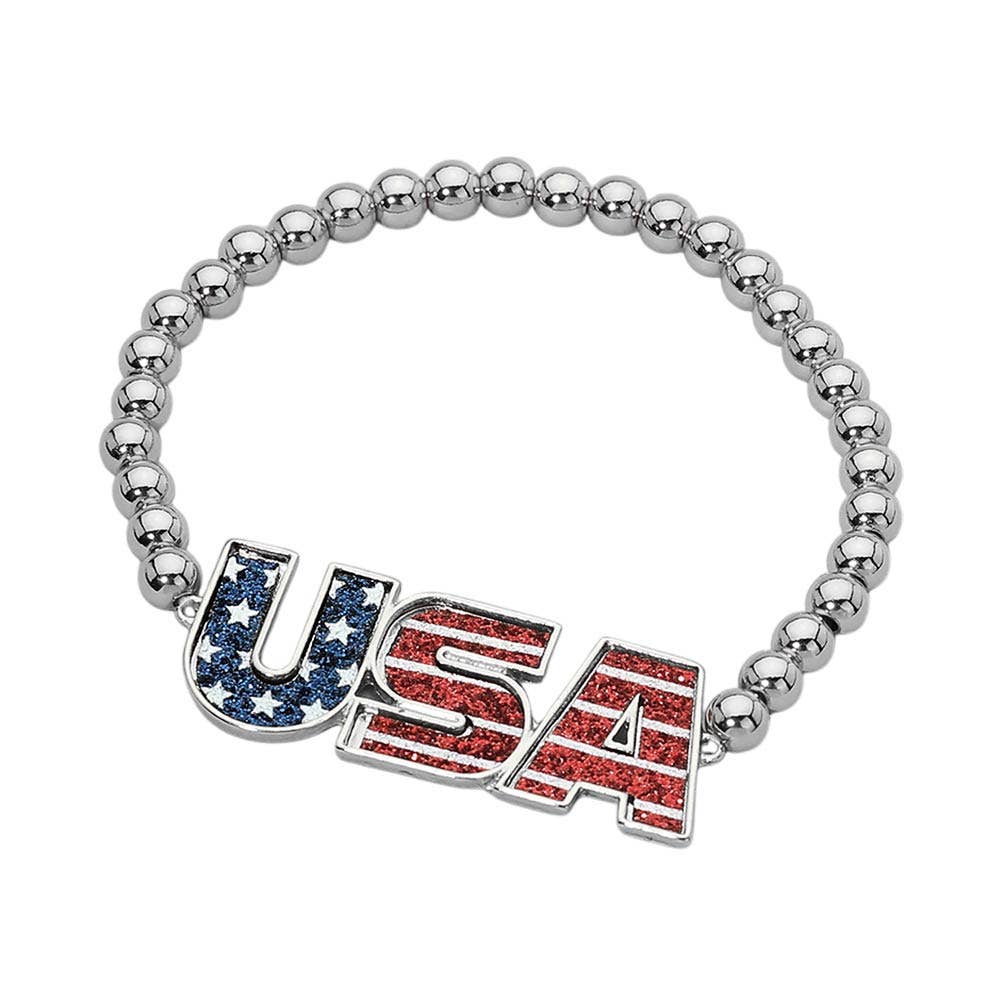 Enamel American USA Flag Letter Beaded Stretch Bracelet