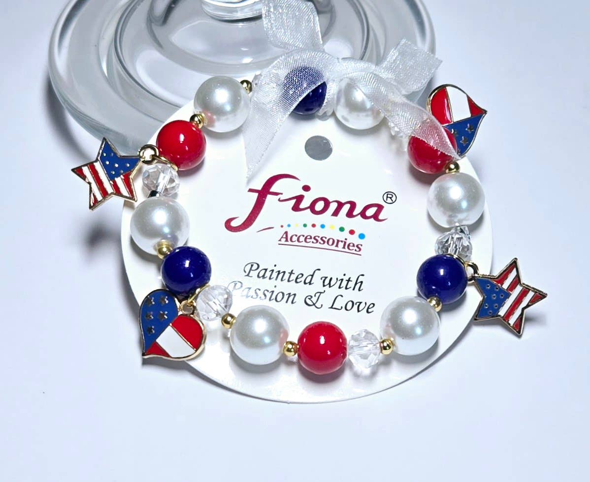 July 4th RWB Charms Beaded Stretch Bracelet