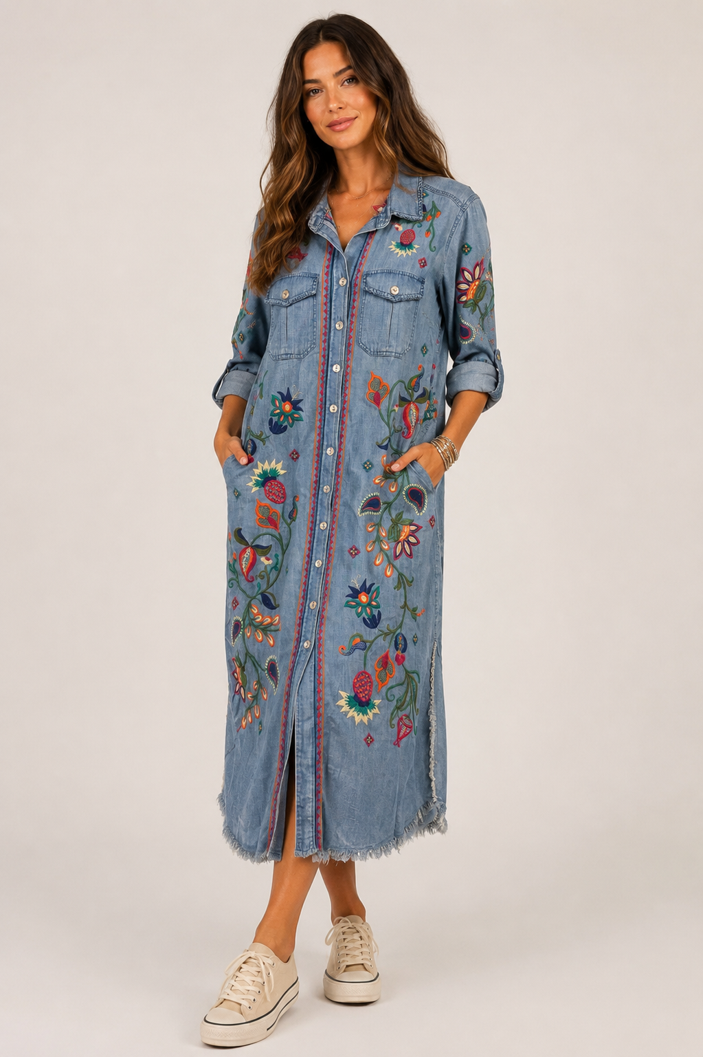 John Mark J36882DM Denim Woven Denim Button Front 3/4 Sly Dress w/Embroidery (S)