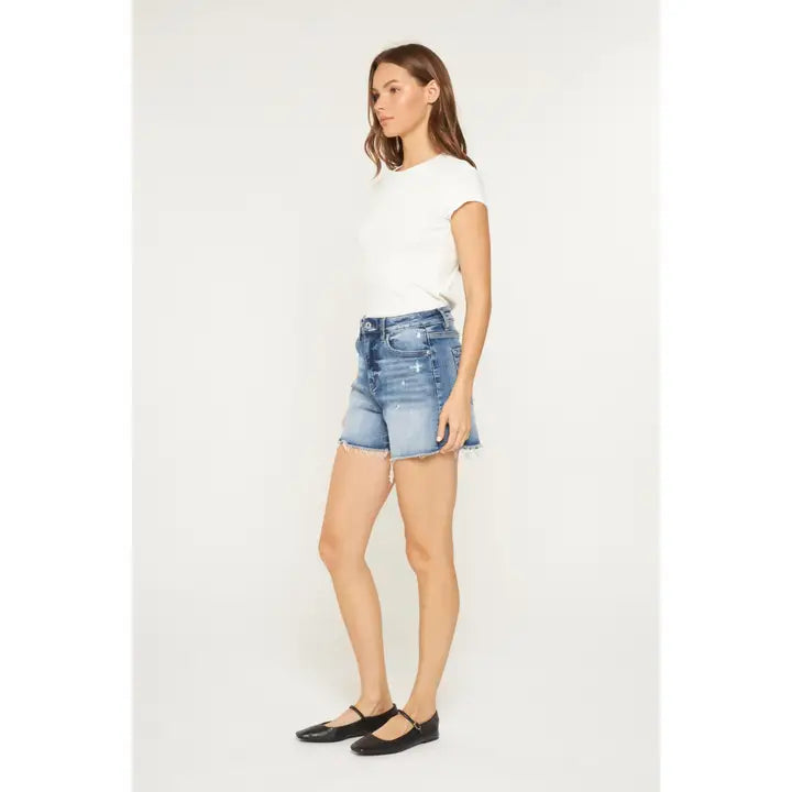 Super High Raw Hem Mid Length Shorts - Midday Blue