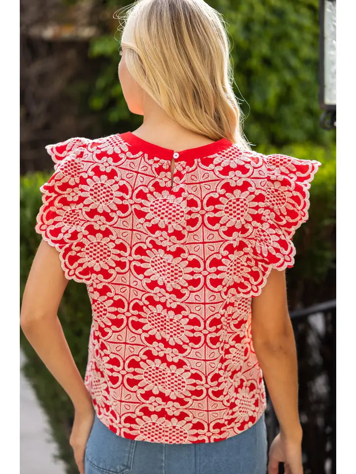 Red Scallop Ruffle Detail Floral Embroidered Top
