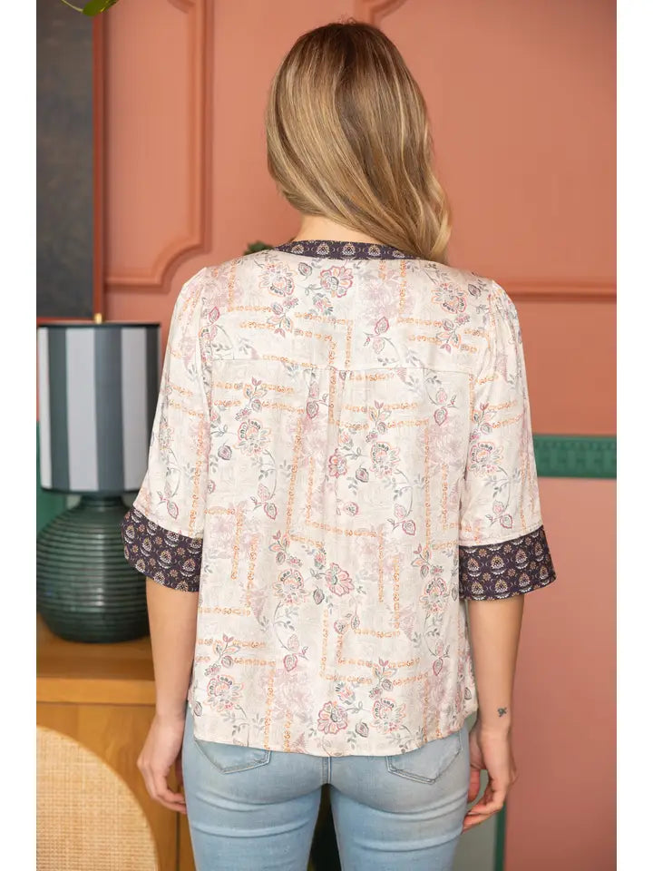 Cream Button Down V-Neck Contrast Banded Top