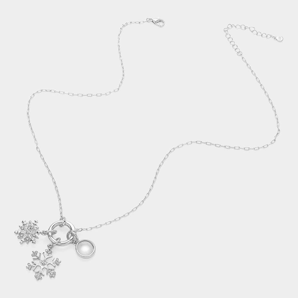 Secret Box 14K Gold Dipped Stone Paved Double Snowflake Pearl Pendant Necklace