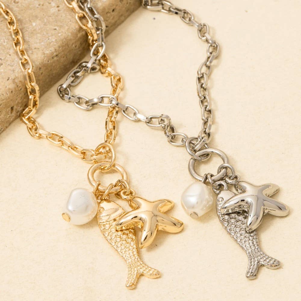 Fish Pearl And Starfish Pendants Necklace