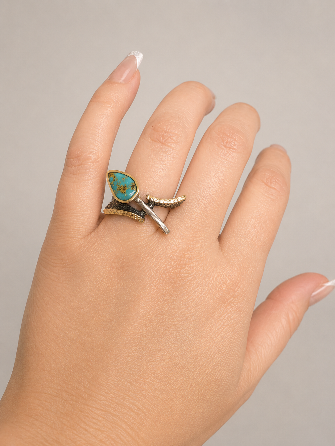 Oxidized Silver & Bronze Turquoise Statement Ring -Size 7