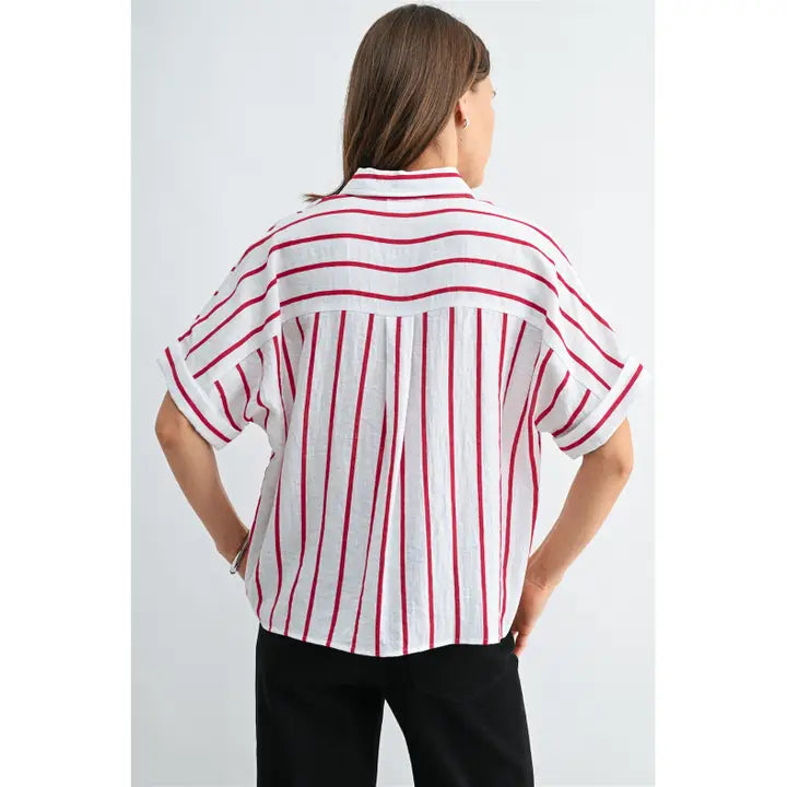 Red Stripe Button Down Short Sleeve Top