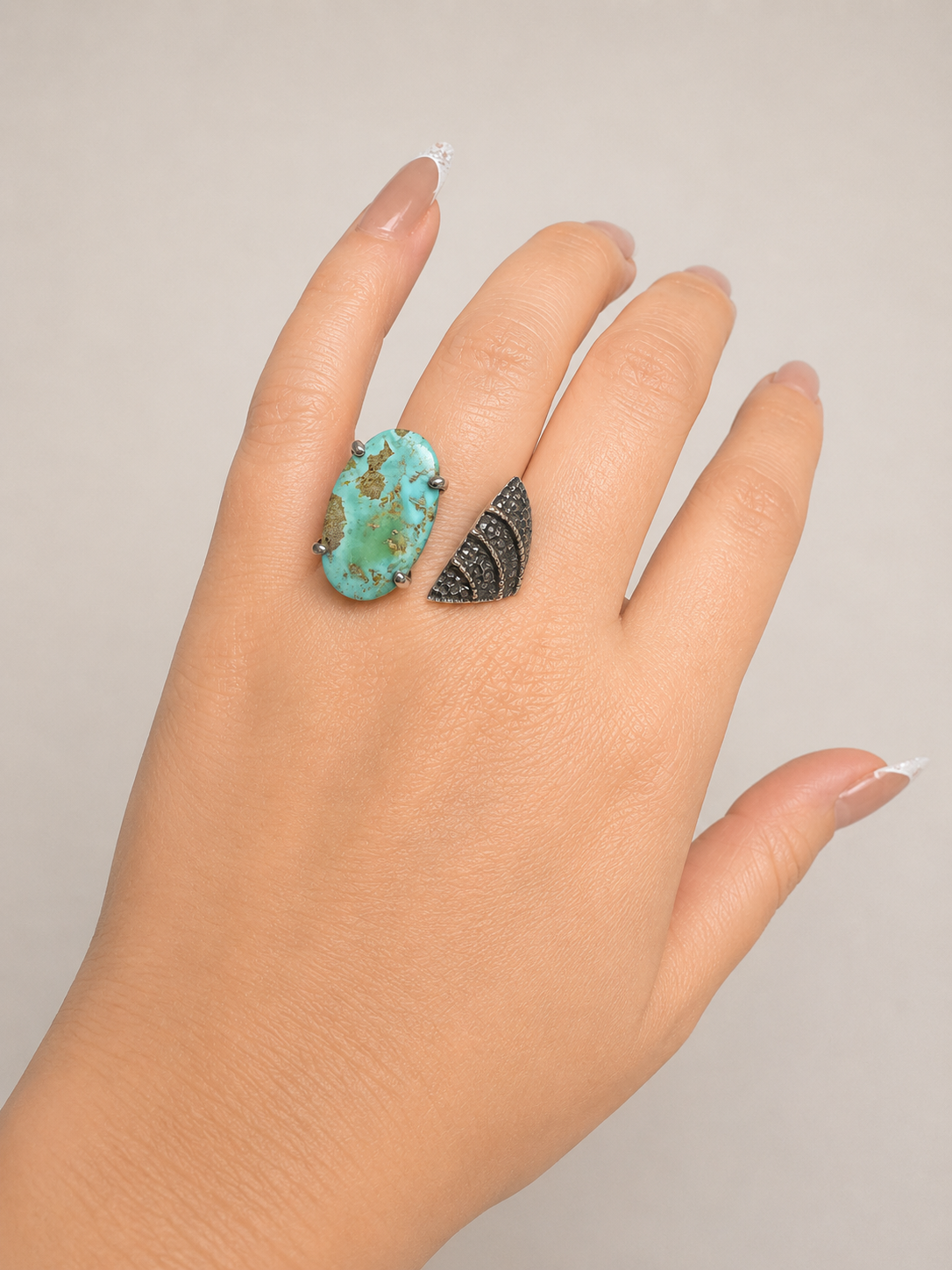 Oxidized Silver & Gold Turquoise Wrap Ring -Size 7