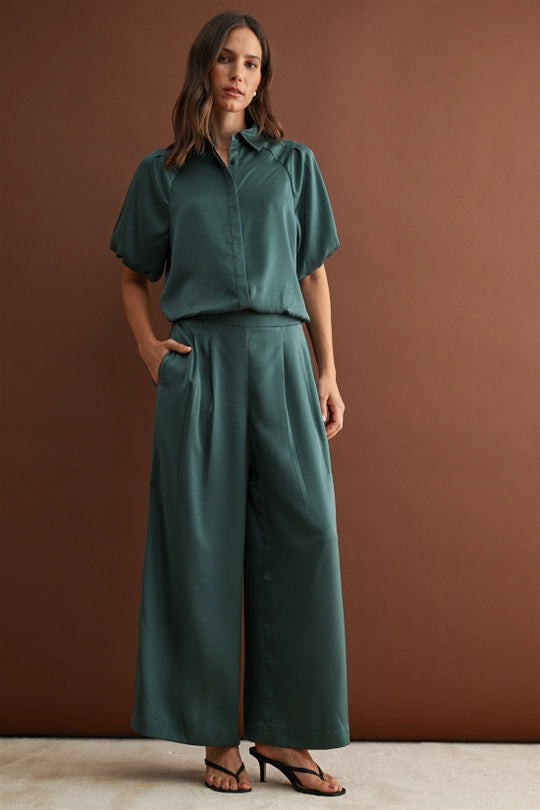 Hunter Green Satin Button Front Top Pleated Pants Set