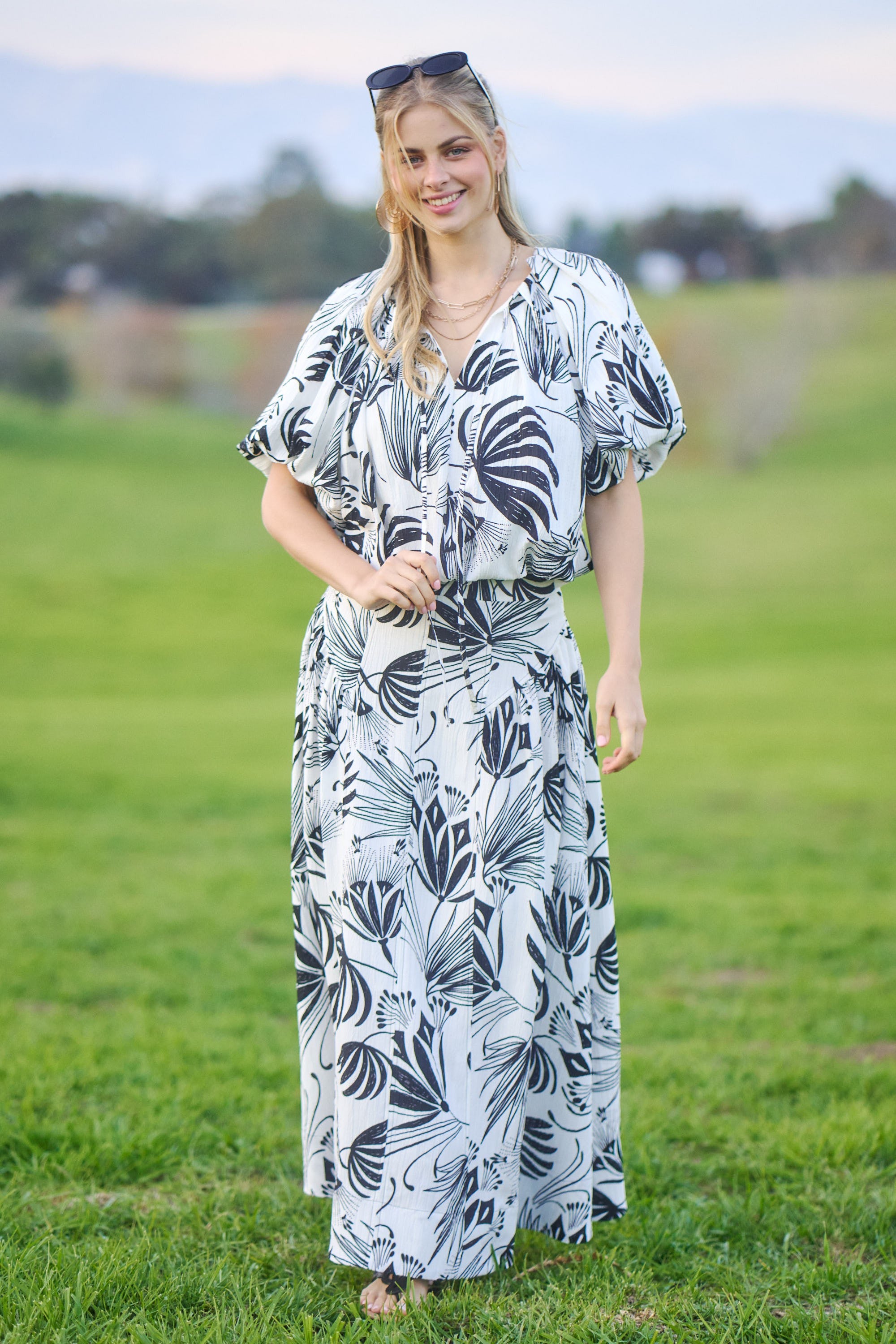 Cream Palm Print Short Sleeve Balloon Pleated Crop Set