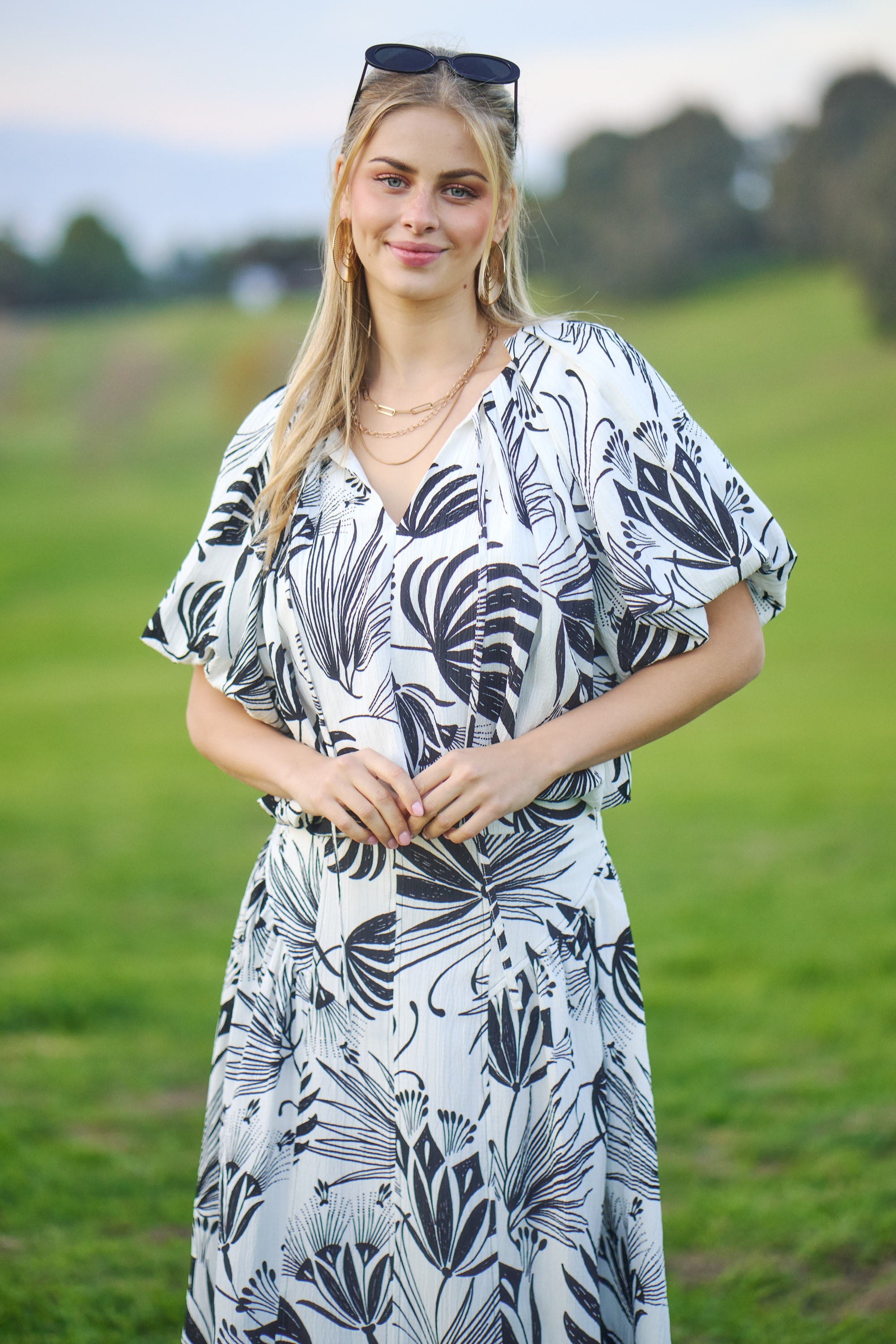 Cream Palm Print Short Sleeve Balloon Pleated Crop Set