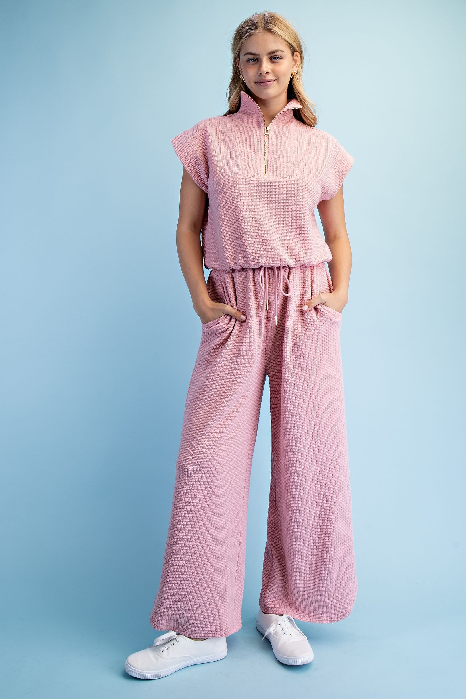 Mauve Textured Knit Cropped Pants Set