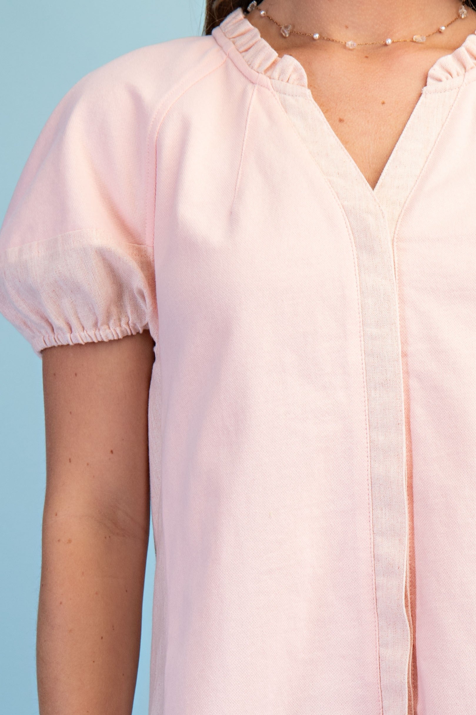Mixed Material Covered Placket Button Down Blouse